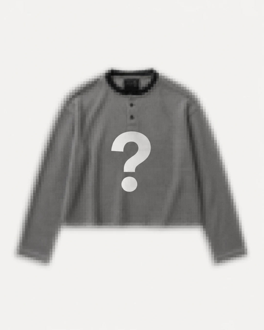Pixelated flatlay of an Aston Abode Box Henley with a question mark across the chest