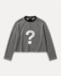 Pixelated flatlay of an Aston Abode Box Henley with a question mark across the chest
