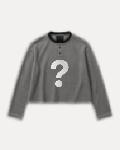 Pixelated flatlay of an Aston Abode Box Henley with a question mark across the chest