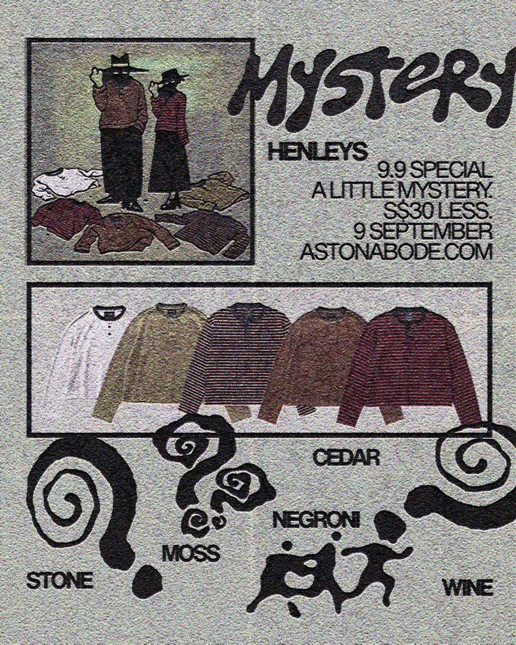 Mystery Henleys 9.9 special poster listing the five colourways