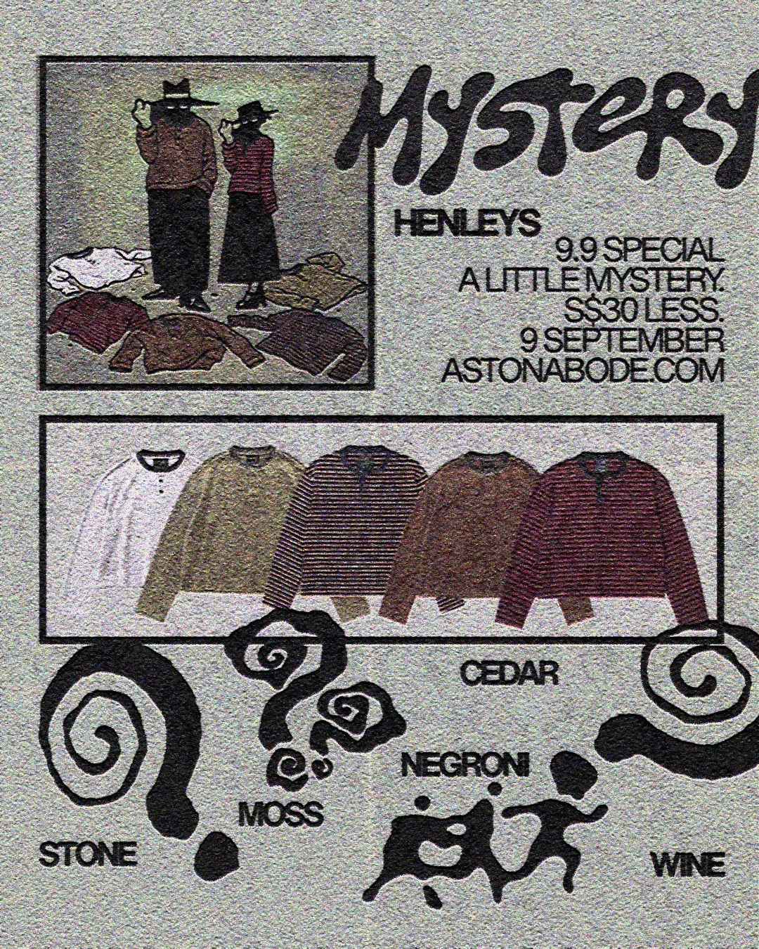 Mystery Henleys 9.9 special poster listing the five colourways