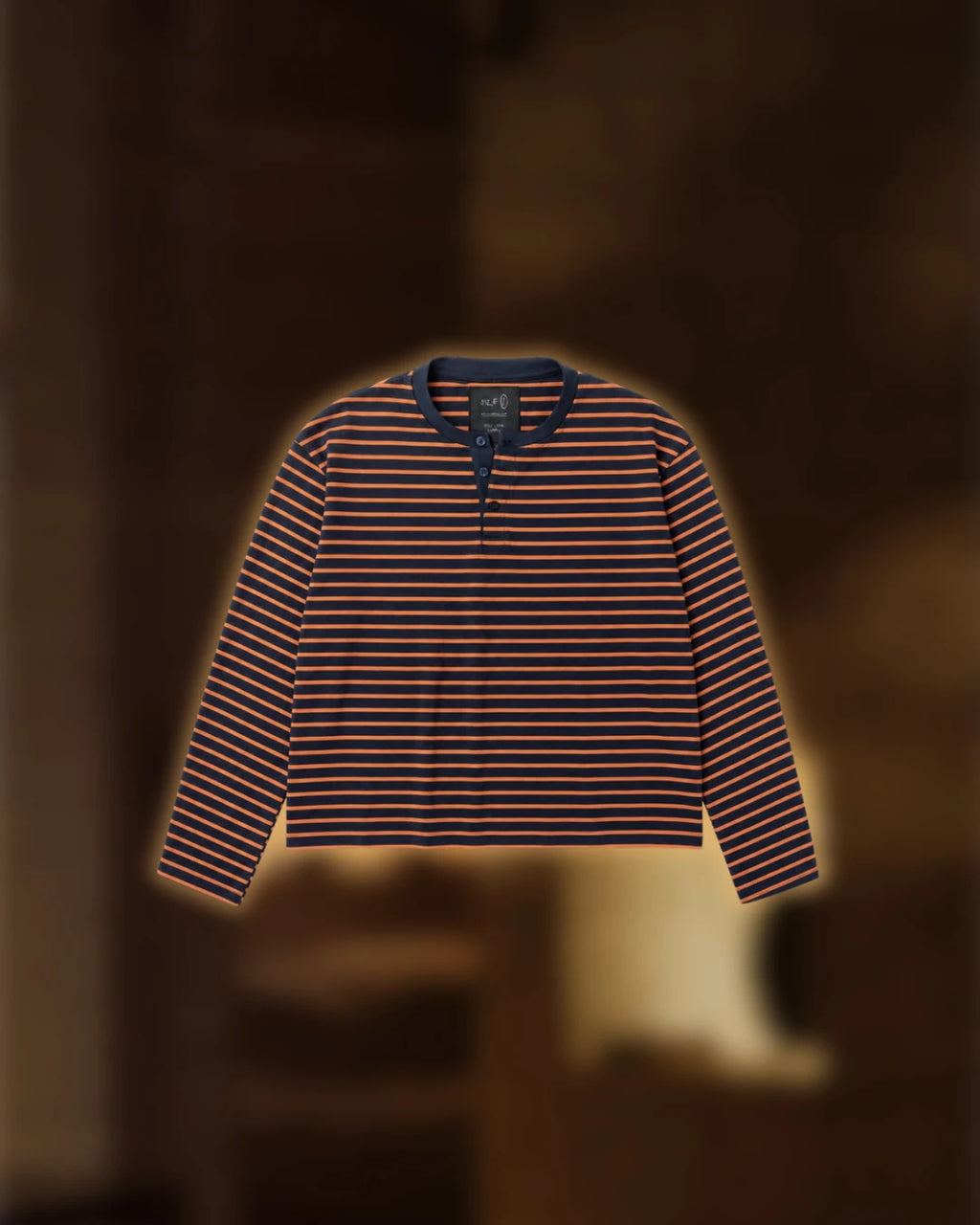 Negroni Henley in navy and burnt orange stripe, flatlay