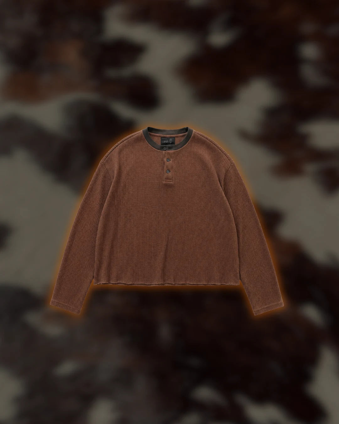 Cedar Henley in warm brown waffle knit, flatlay