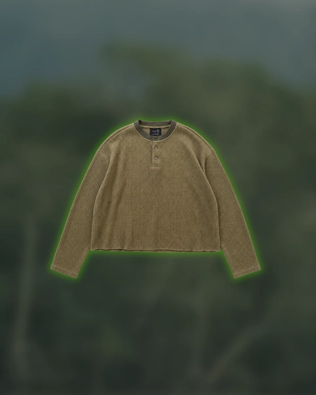 Moss Henley in muted green waffle knit, flatlay