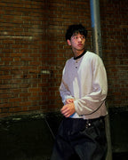Box Henley Stone worn on model — front view of boxy fit