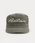 Field Kepi Cap front view in washed field-green cotton twill with Aston script embroidery
