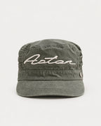 Field Kepi Cap front view in washed field-green cotton twill with Aston script embroidery