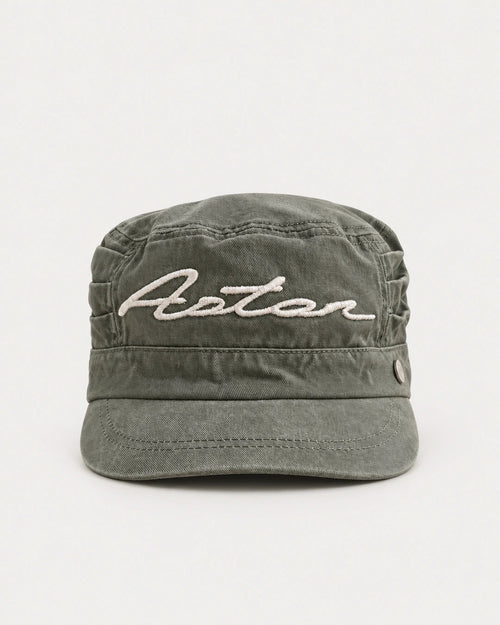 Field Kepi Cap front view in washed field-green cotton twill with Aston script embroidery