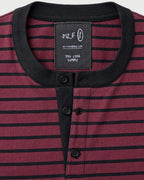 Wine Henley collar, three-button placket and size label detail