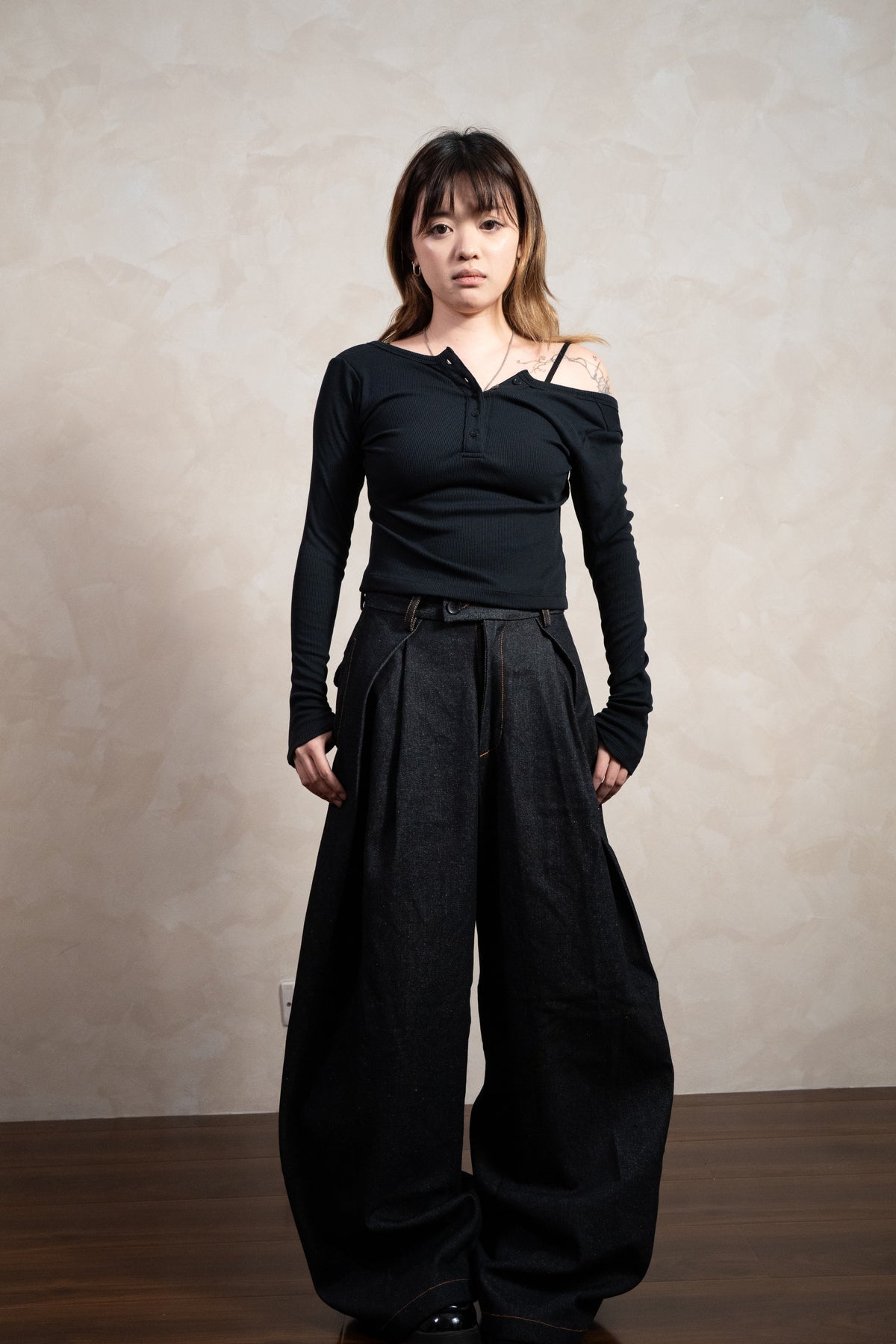 Aston Abode Backless Henley, front view, full length, on female model