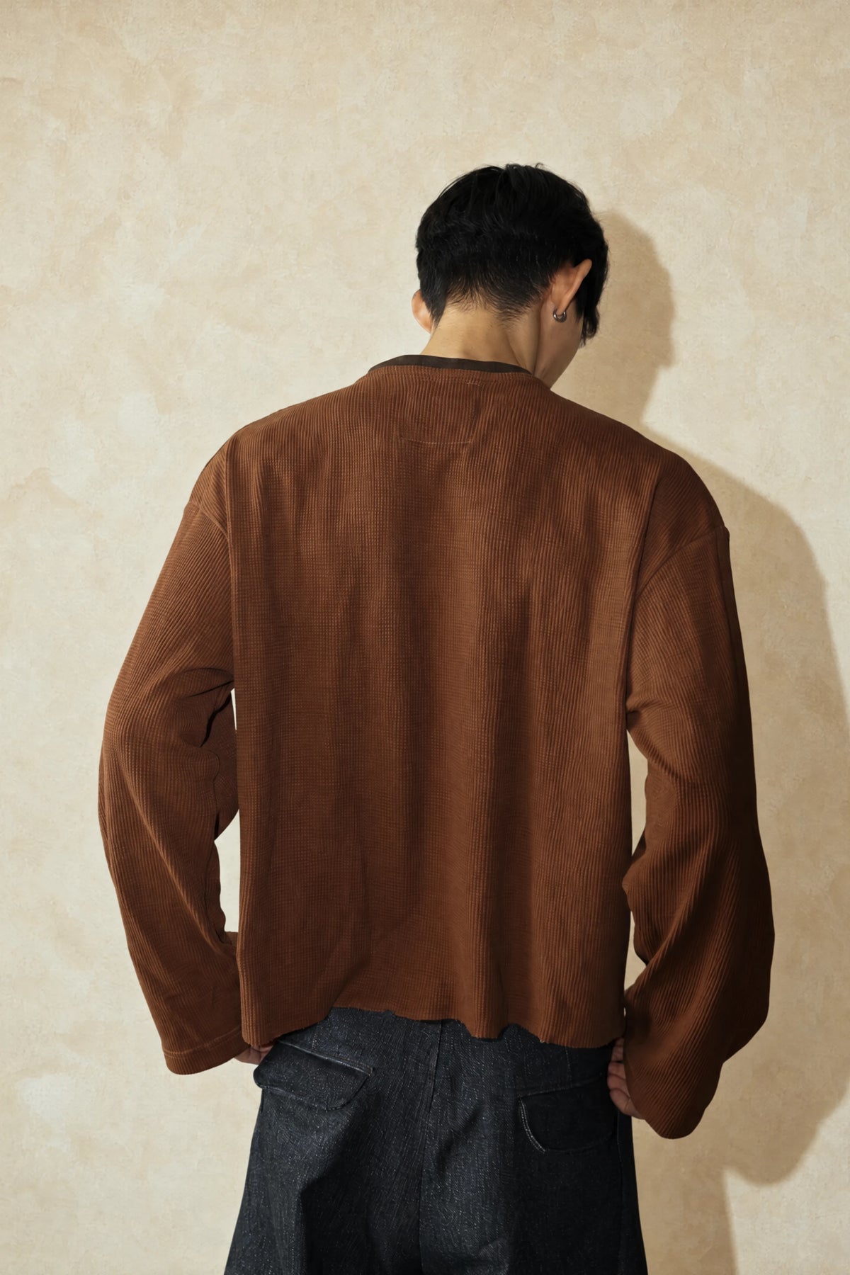 Aston Abode Box Henley in Cedar, back view, on male model