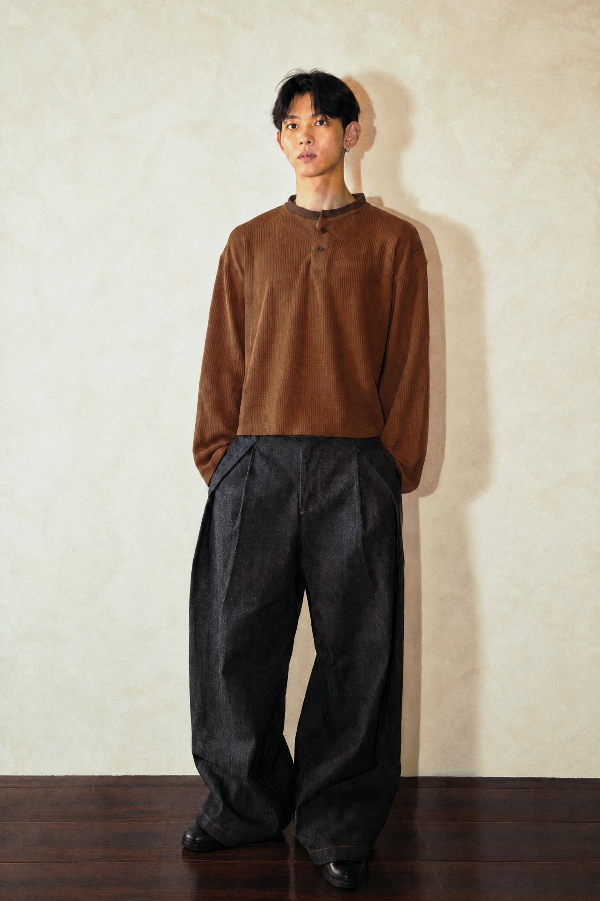 Aston Abode Box Henley in Cedar, front view, full length, on male model