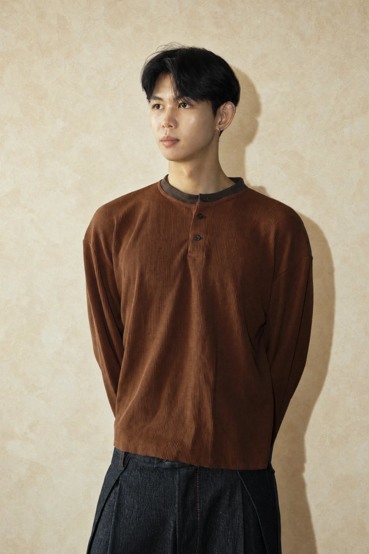 Aston Abode Box Henley in Cedar, front view, on male model