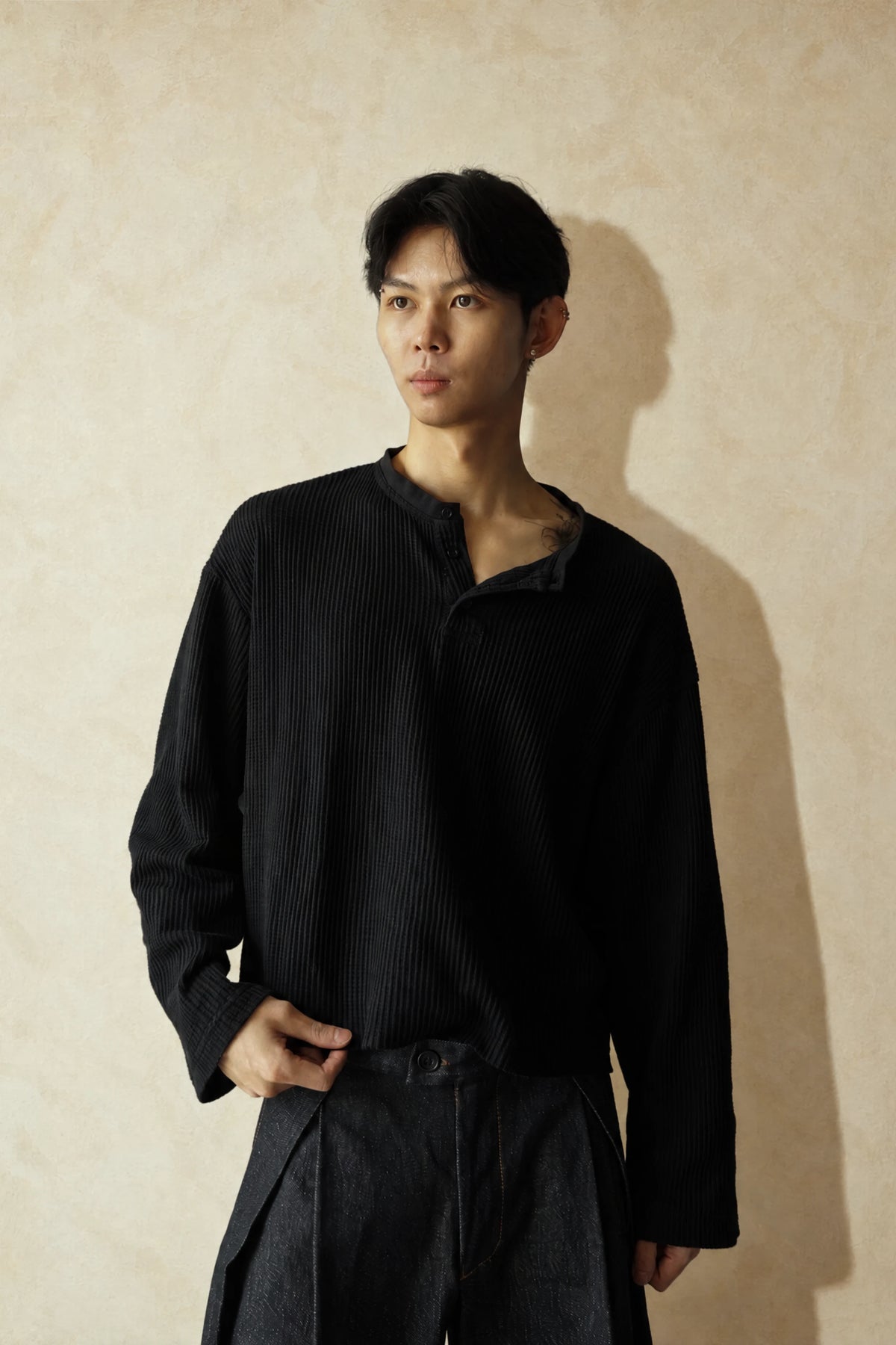 Aston Abode Box Henley in Charcoal, front view, on male model