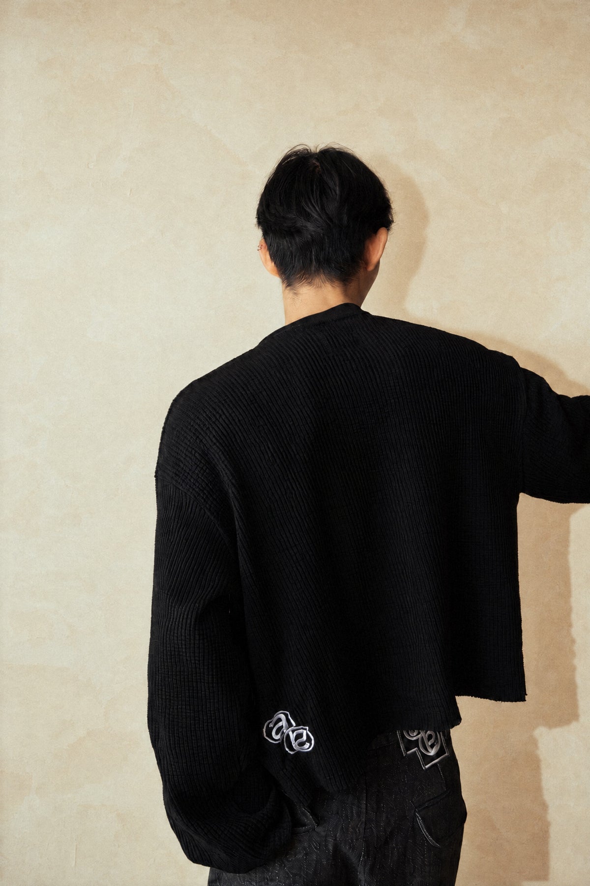 Aston Abode Box Henley in Charcoal, back view, on male model