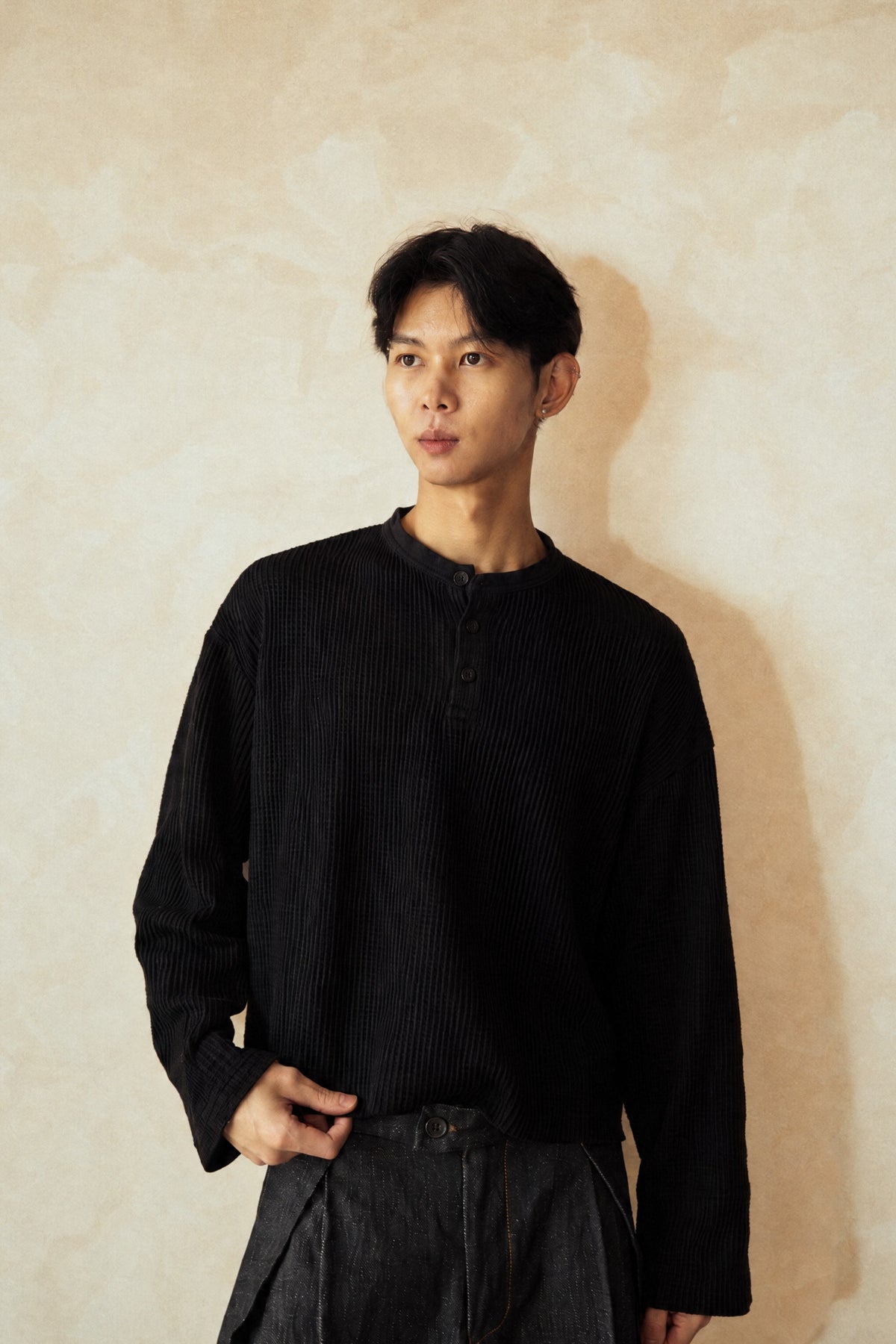 Aston Abode Box Henley in Charcoal, front view, on male model