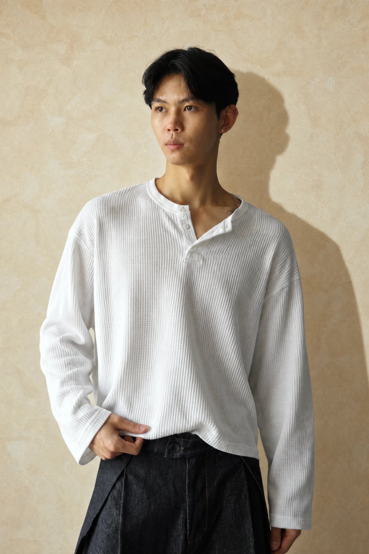 Aston Abode Box Henley in Ivory, front view, on male model