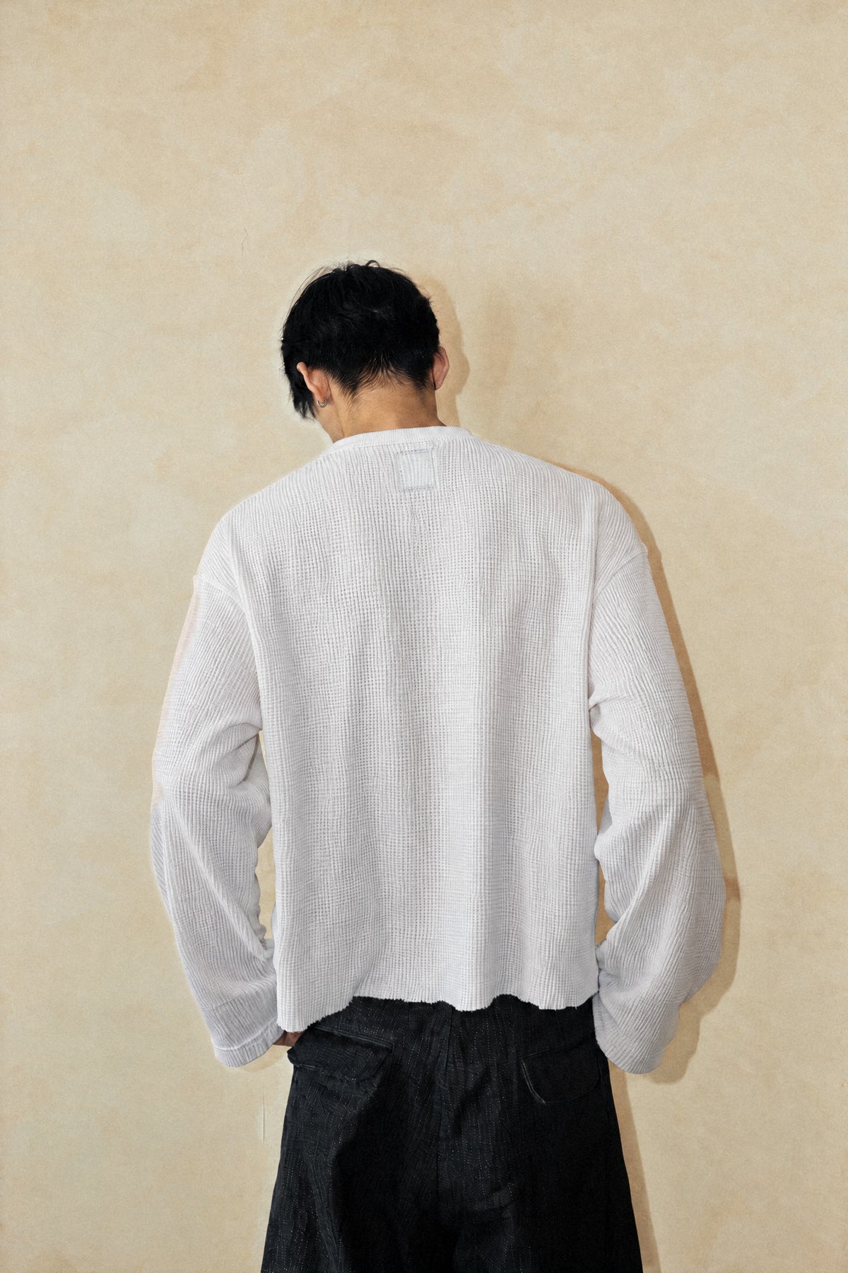 Aston Abode Box Henley in Ivory, back view, on male model