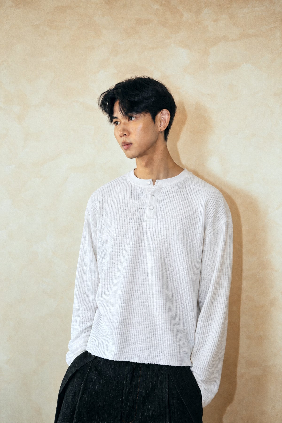Aston Abode Box Henley in Ivory, front view, on male model