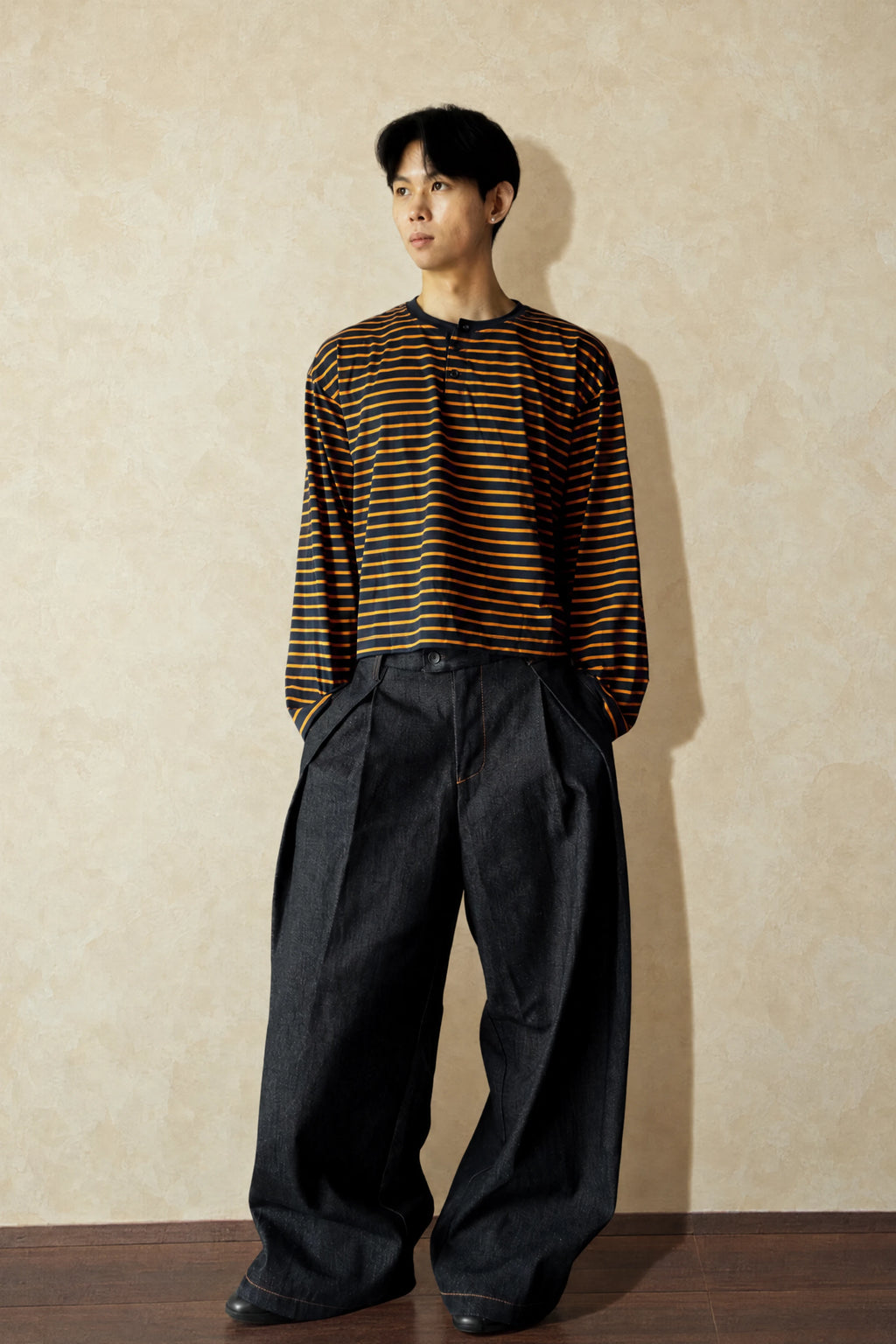 Aston Abode Box Henley in Negroni, front view, full length, on male model