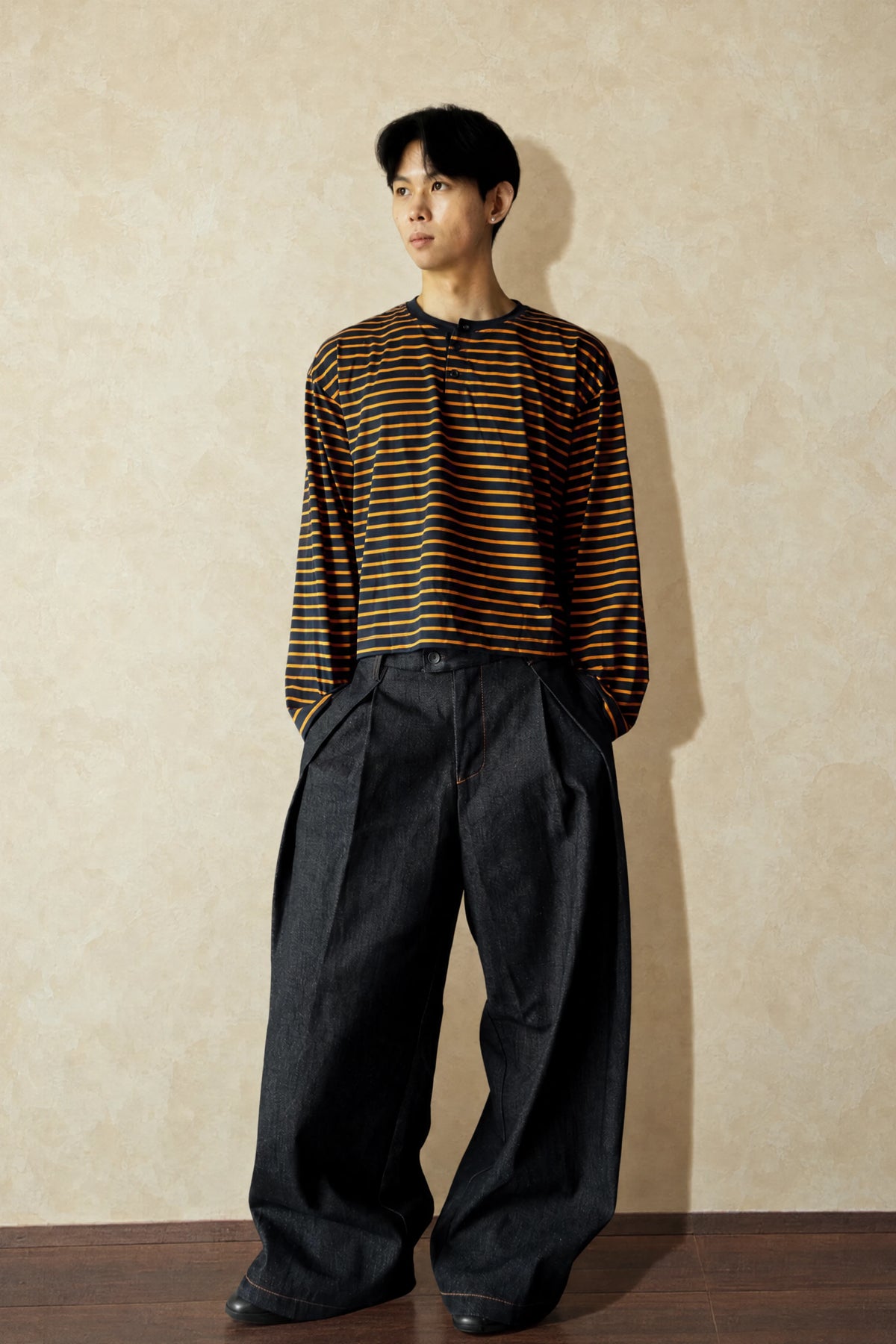 Aston Abode Box Henley in Negroni, front view, full length, on male model