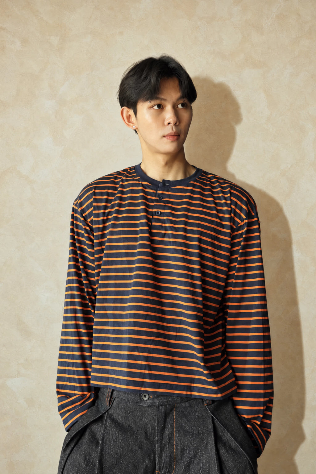 Aston Abode Box Henley in Negroni, front view, on male model