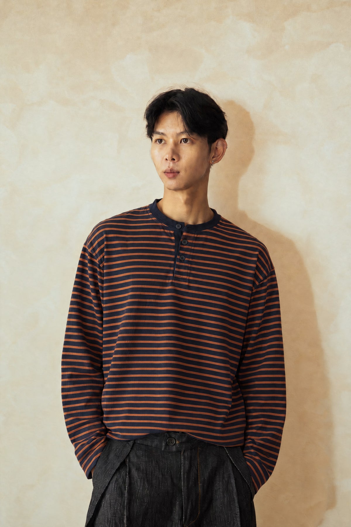 Aston Abode Box Henley in Negroni, front view, on male model