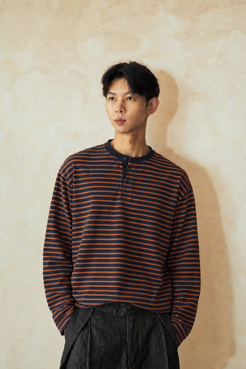 Aston Abode Box Henley in Negroni, front view, on male model