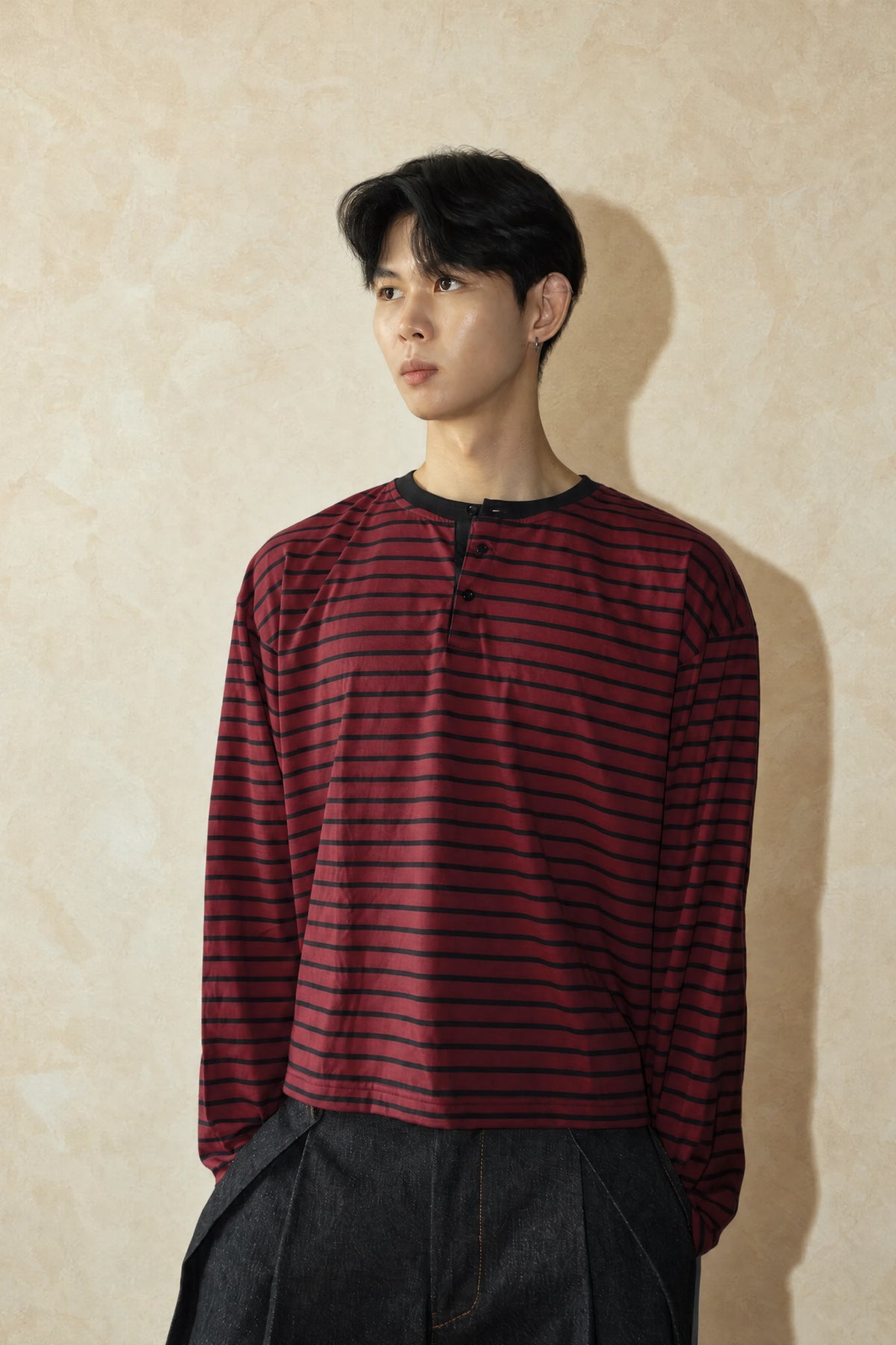 Aston Abode Box Henley in Wine, front view, on male model