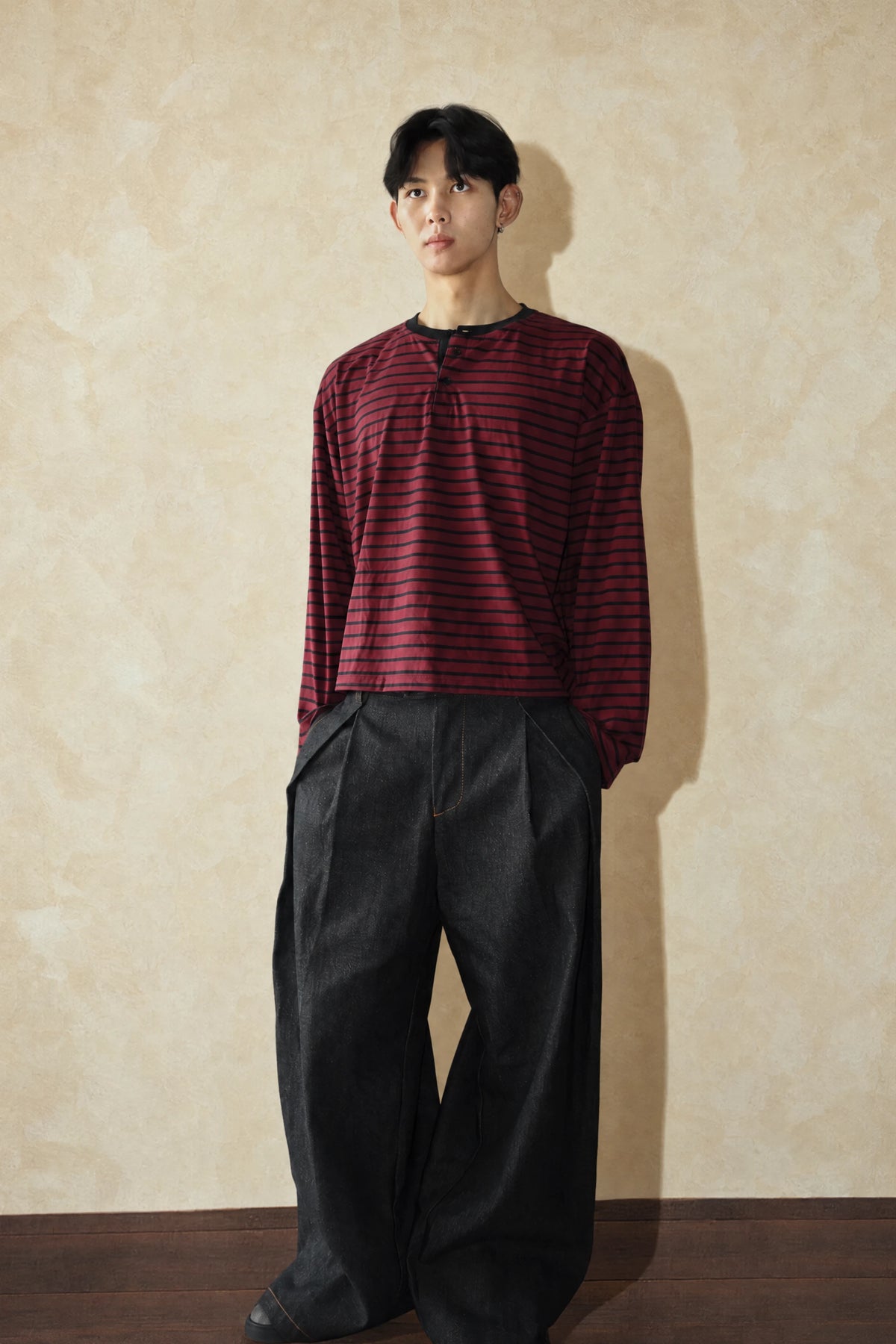 Aston Abode Box Henley in Wine, front view, full length, on male model