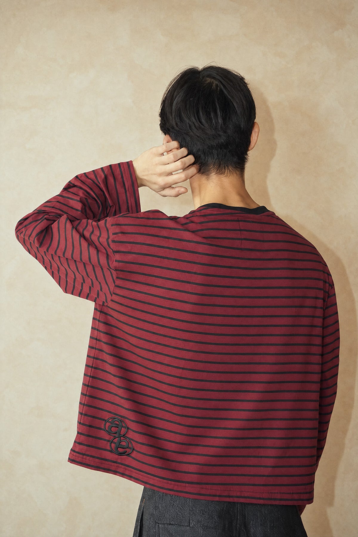 Aston Abode Box Henley in Wine, back view, on male model