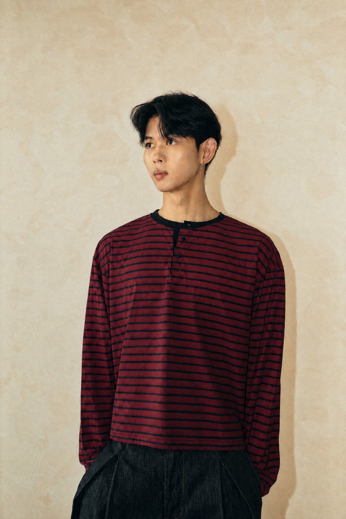 Aston Abode Box Henley in Wine, front view, on male model