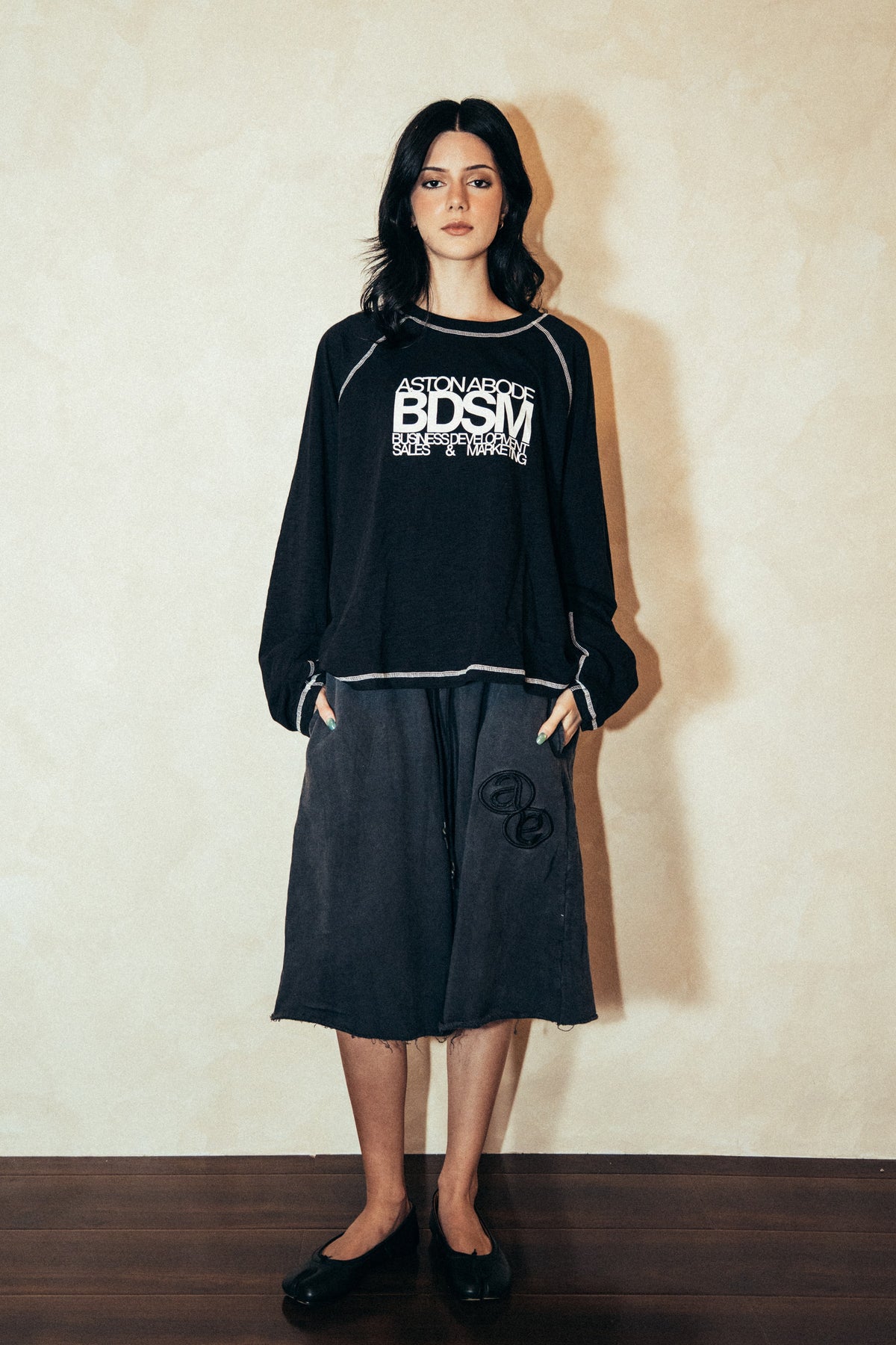 Aston Abode Corporate Raglan, front view, full length, on female model