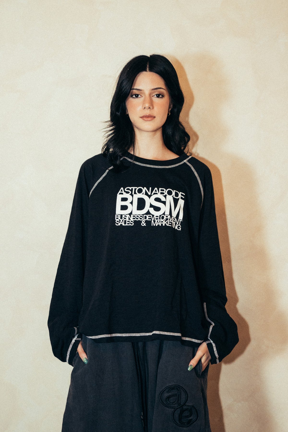 Aston Abode Corporate Raglan, front view, on female model