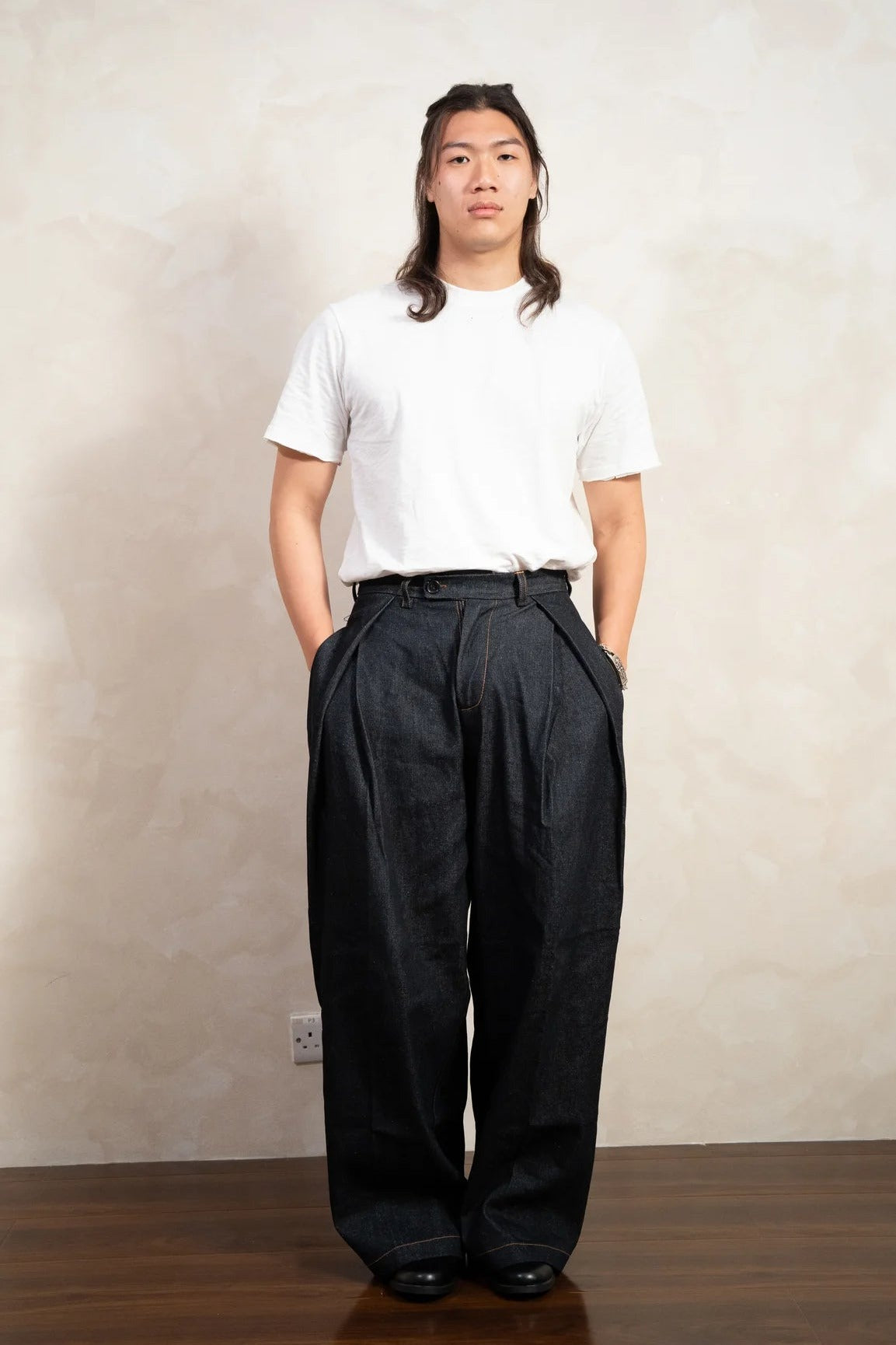 Aston Abode Gurkha Denim, front view, full length, on male model