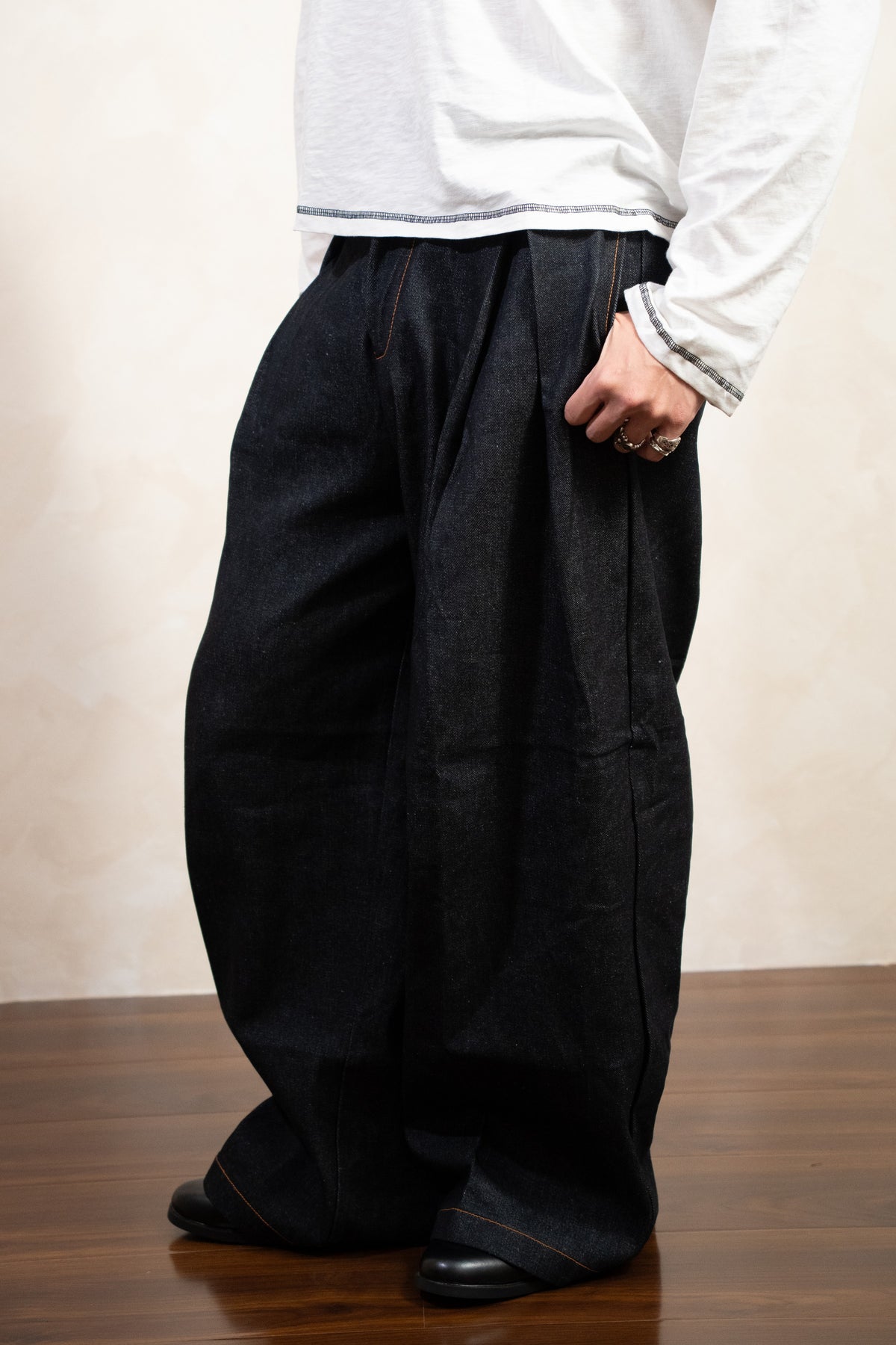 Aston Abode Gurkha Denim, quarter view, on male model