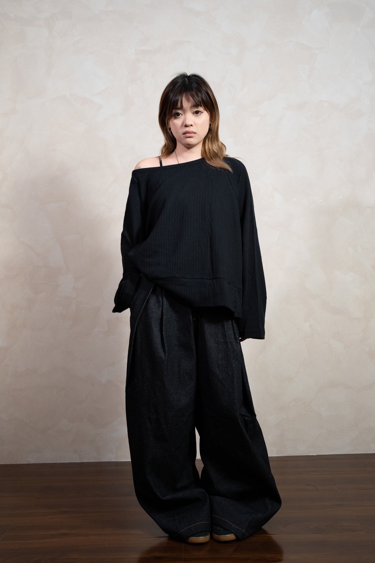 Aston Abode Open Shoulder Thermal, front view, full length, on female model