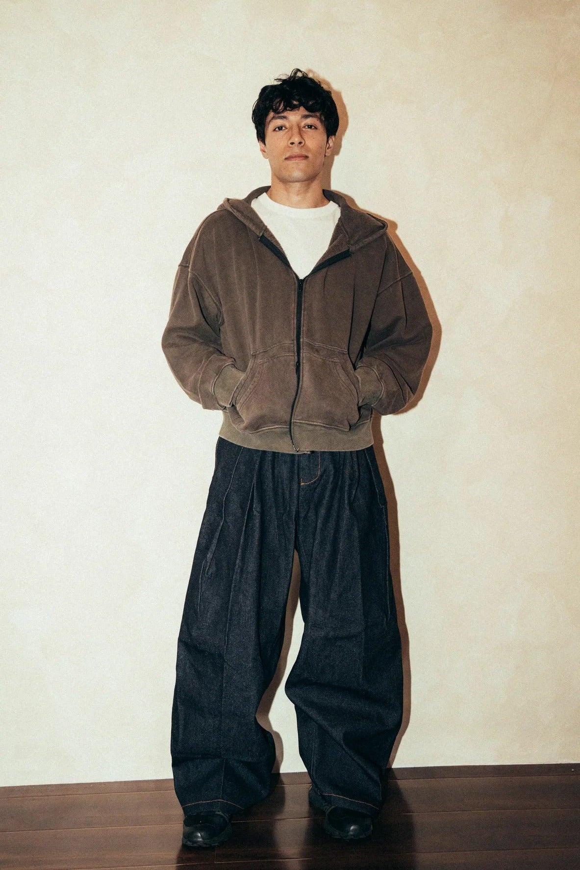 Aston Abode Pruned Hoodie, front view, full length, on male model