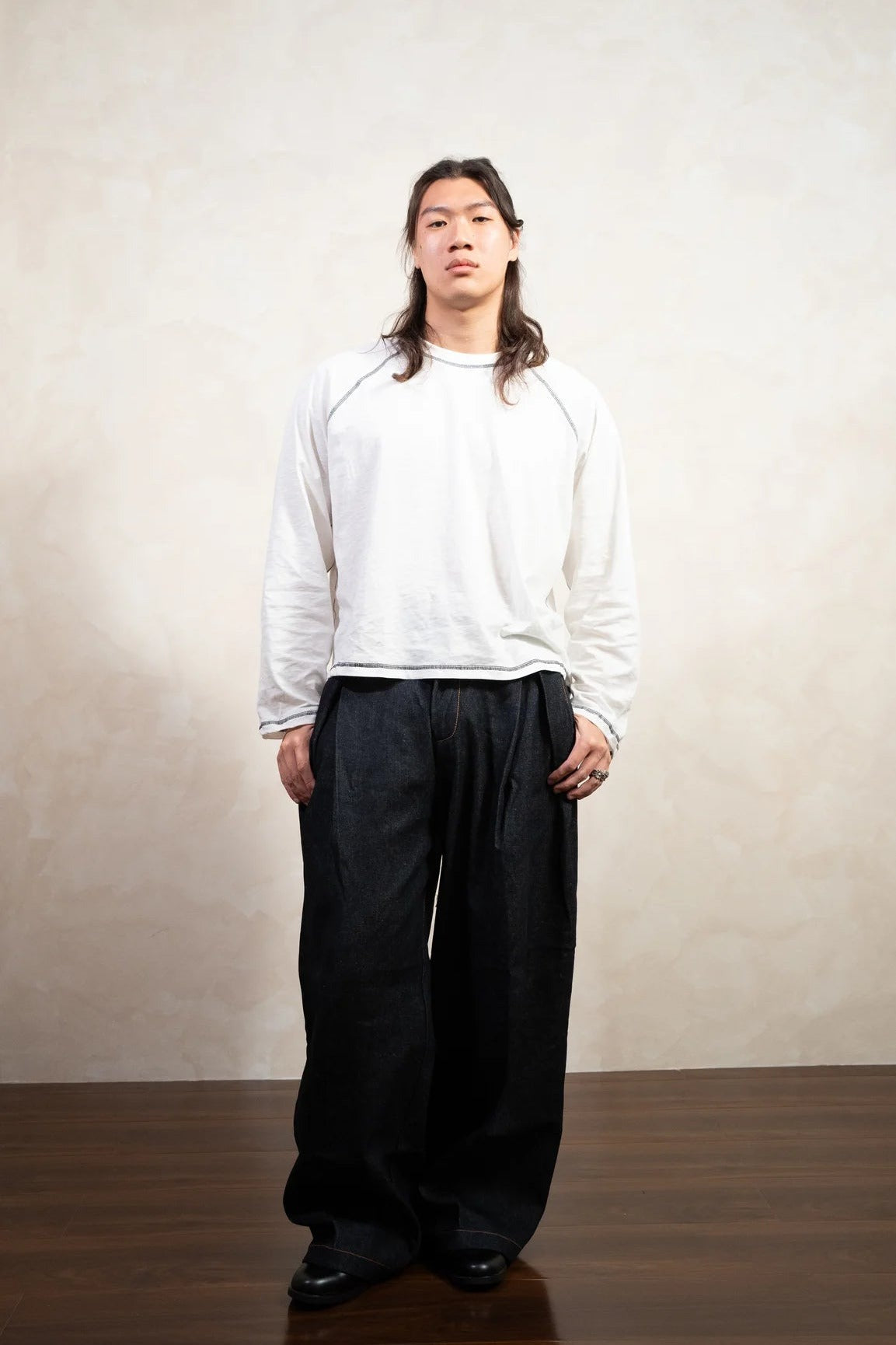 Aston Abode Scorched Raglan, front view, full length, on male model