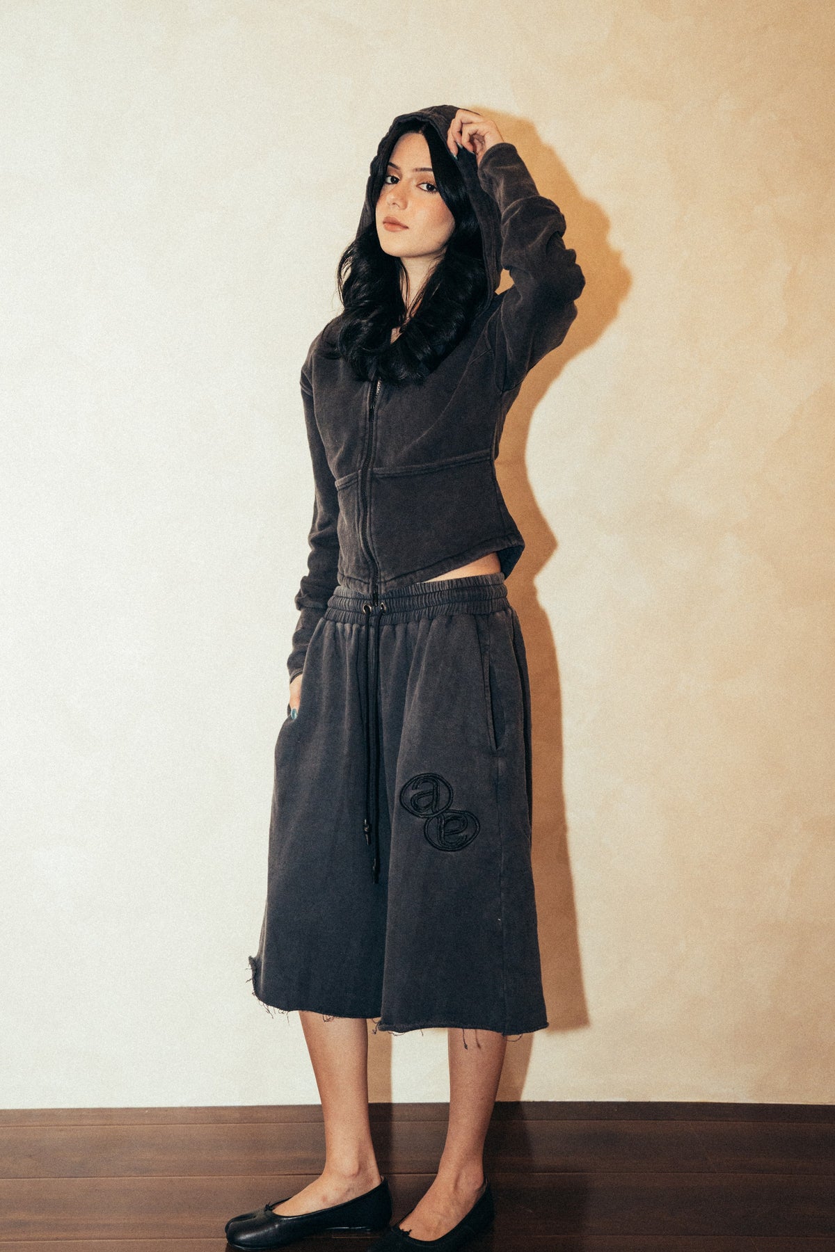 Aston Abode Second Skin Hoodie, front view, full length, on female model