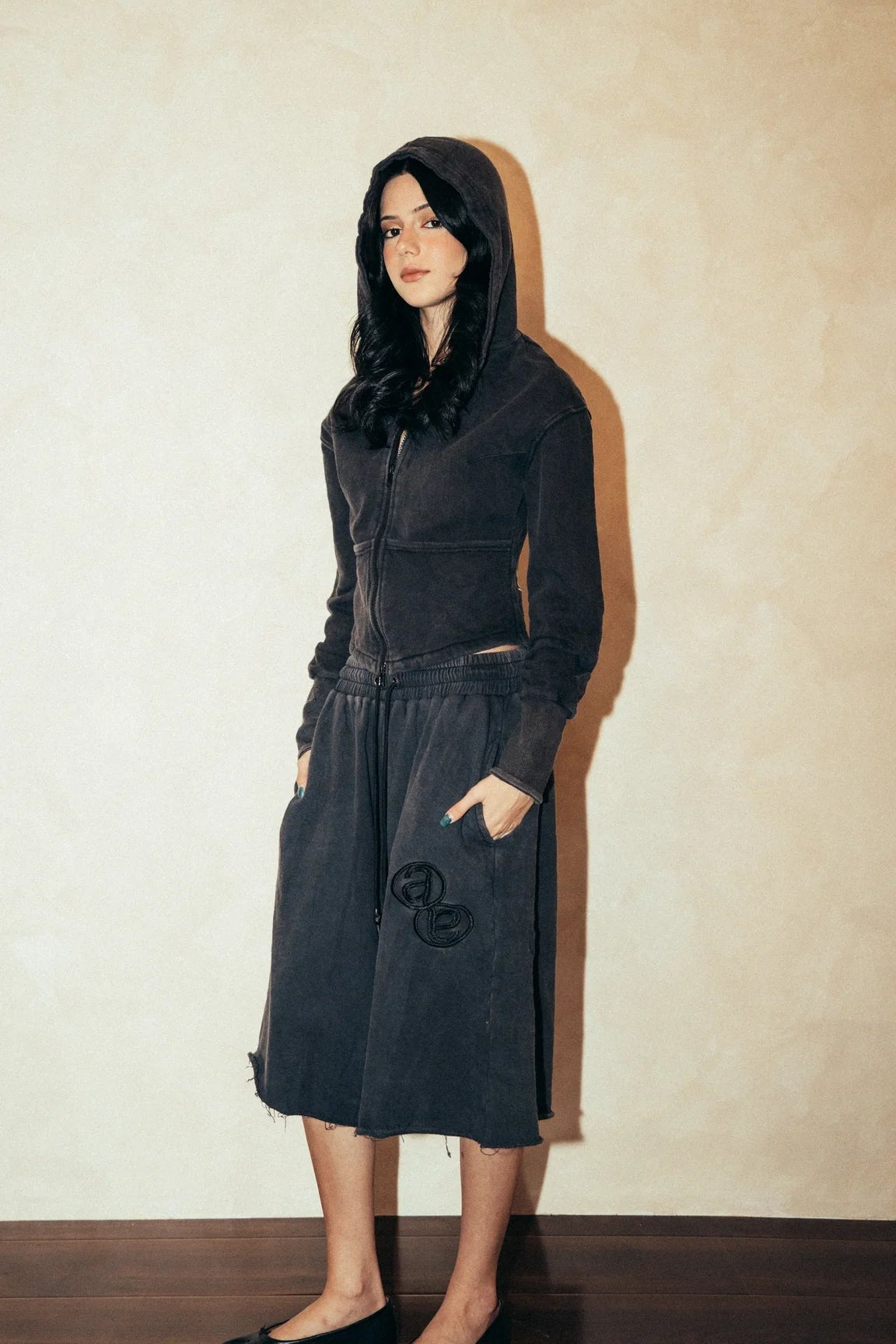 Aston Abode Second Skin Hoodie, front view, full length, on female model