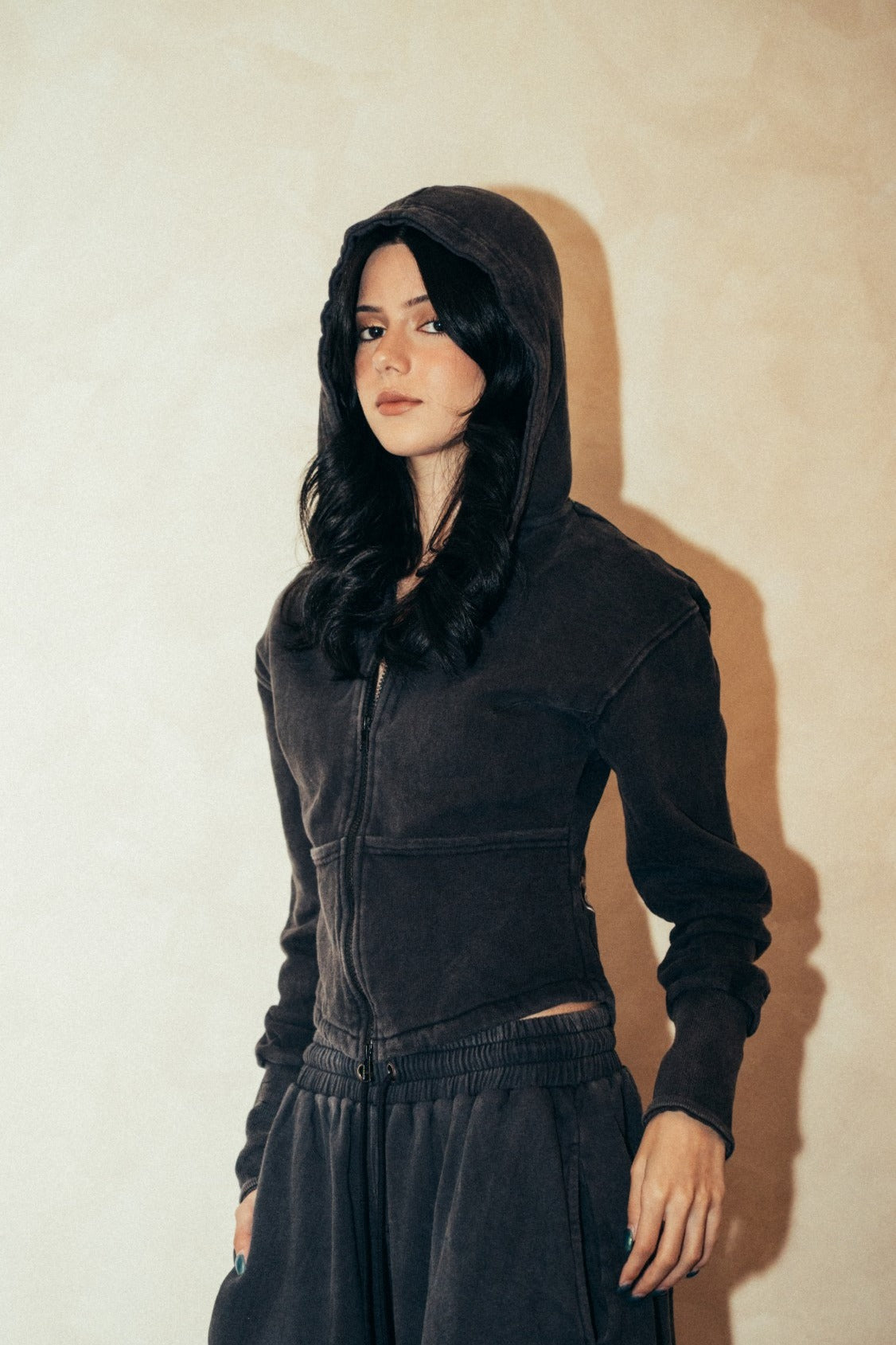 Aston Abode Second Skin Hoodie, front view, on female model