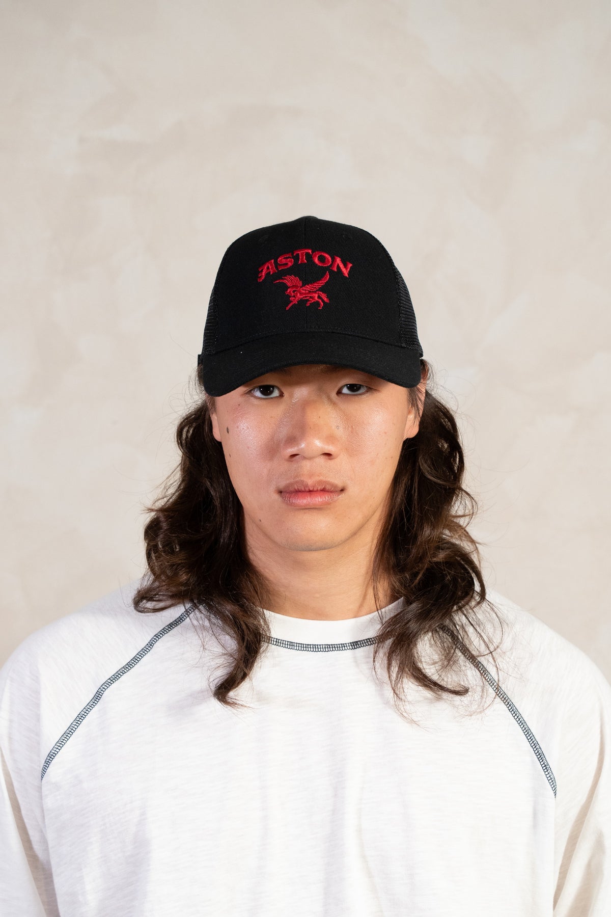 Aston Abode Trucker Cap, front view, worn