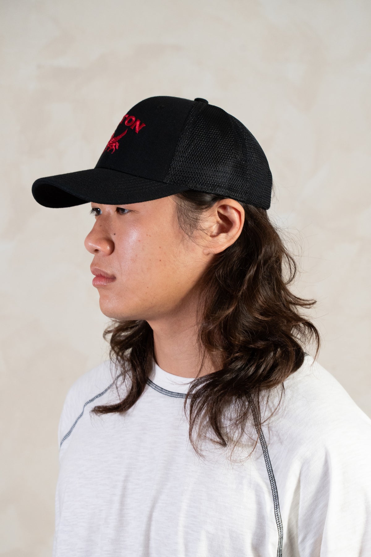 Aston Abode Trucker Cap, side view, worn